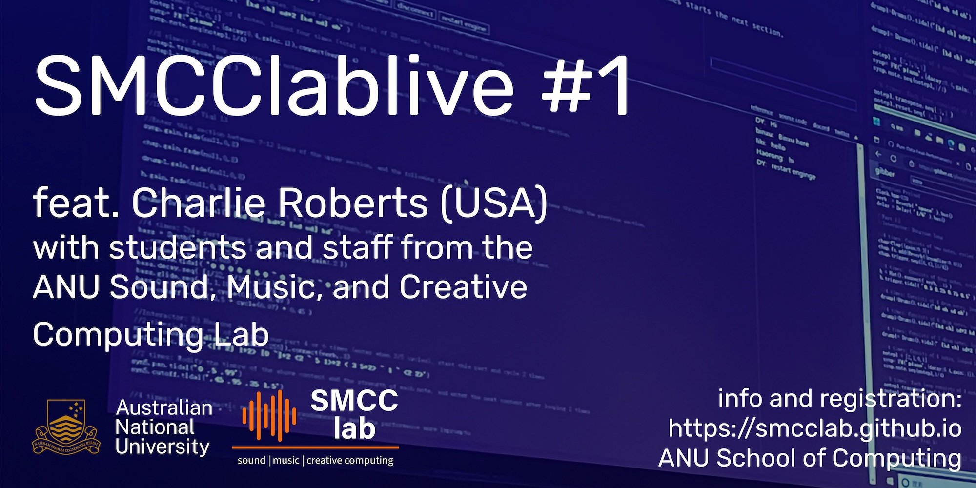 A live-code buffer from computer music concerts at the ANU used as the poster for this concert