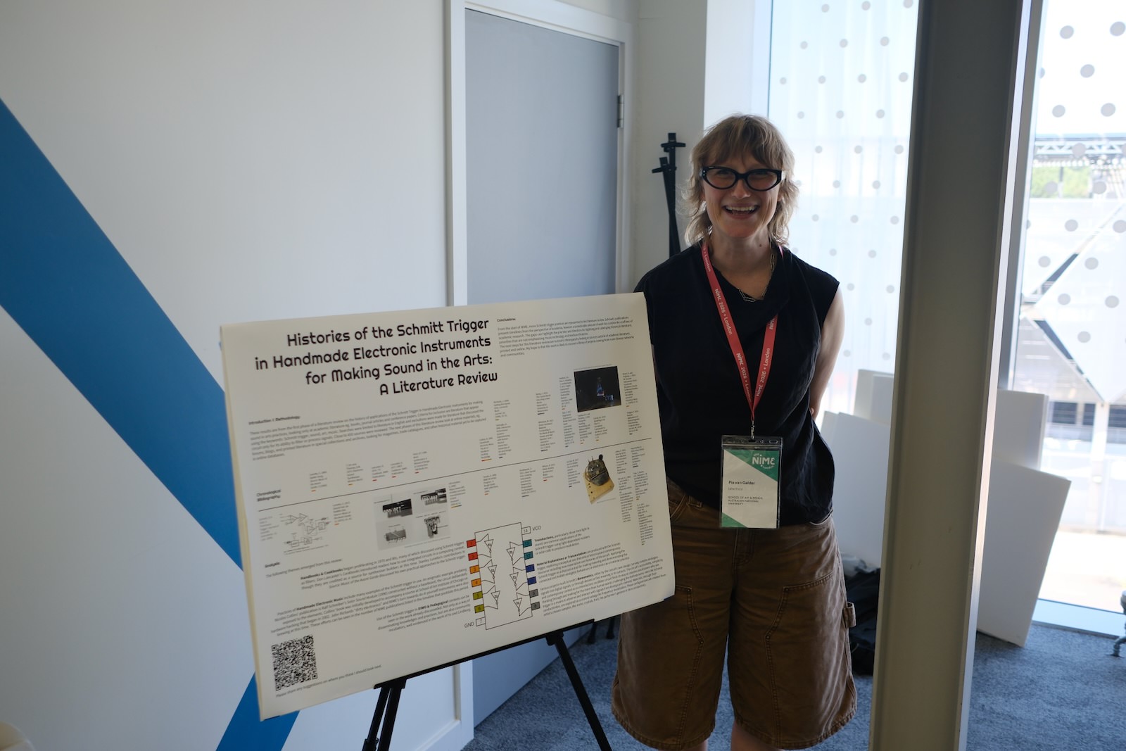 Pia van Gelder with her Schmitt Trigger literature review poster at NIME 2026