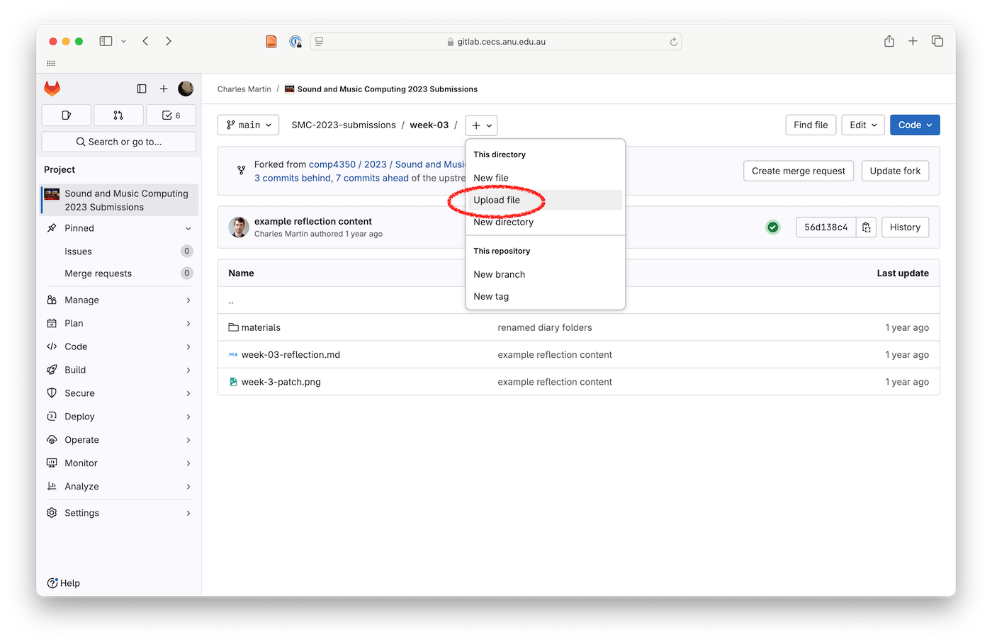 An example of how to upload a file into the GitLab interface