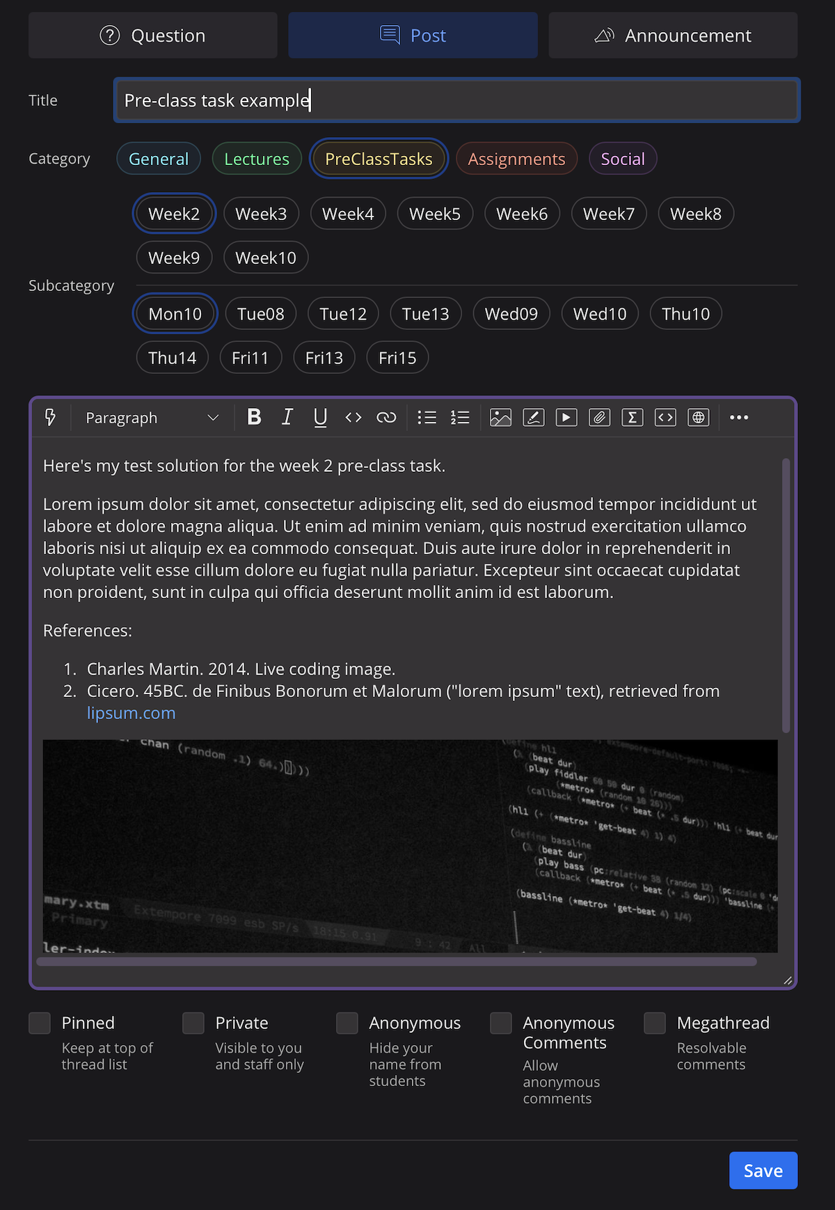 An example pre-class task post on the course forum