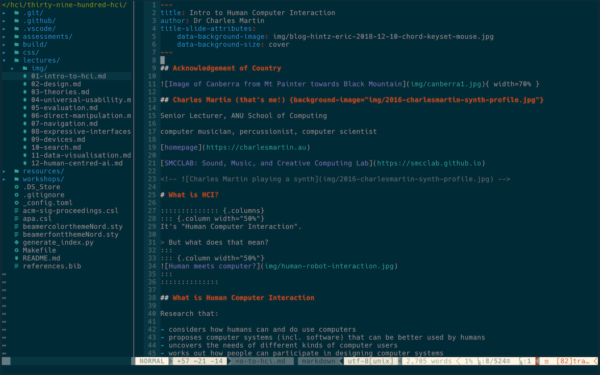 Charles editing a lecture in neovim (:w)