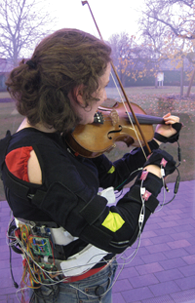 The MusicJacket with embedded actuators that nudge the player to move their arm up to be in the correct position. Source: Yvonne Rogers
