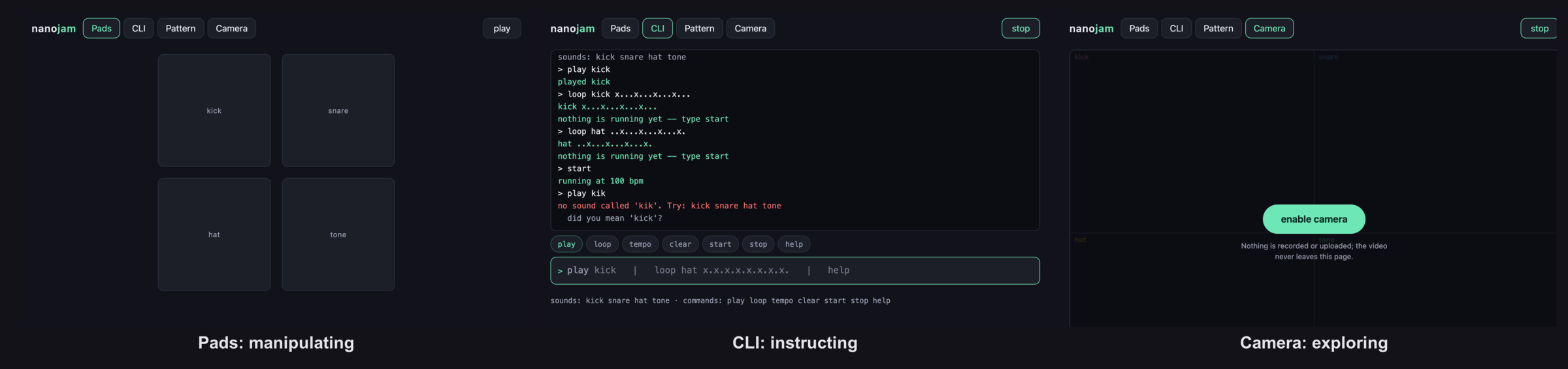 nanojam (week 7): same sounds, same engine, only the interaction differs. https://charlesmartin.au/nanojam/