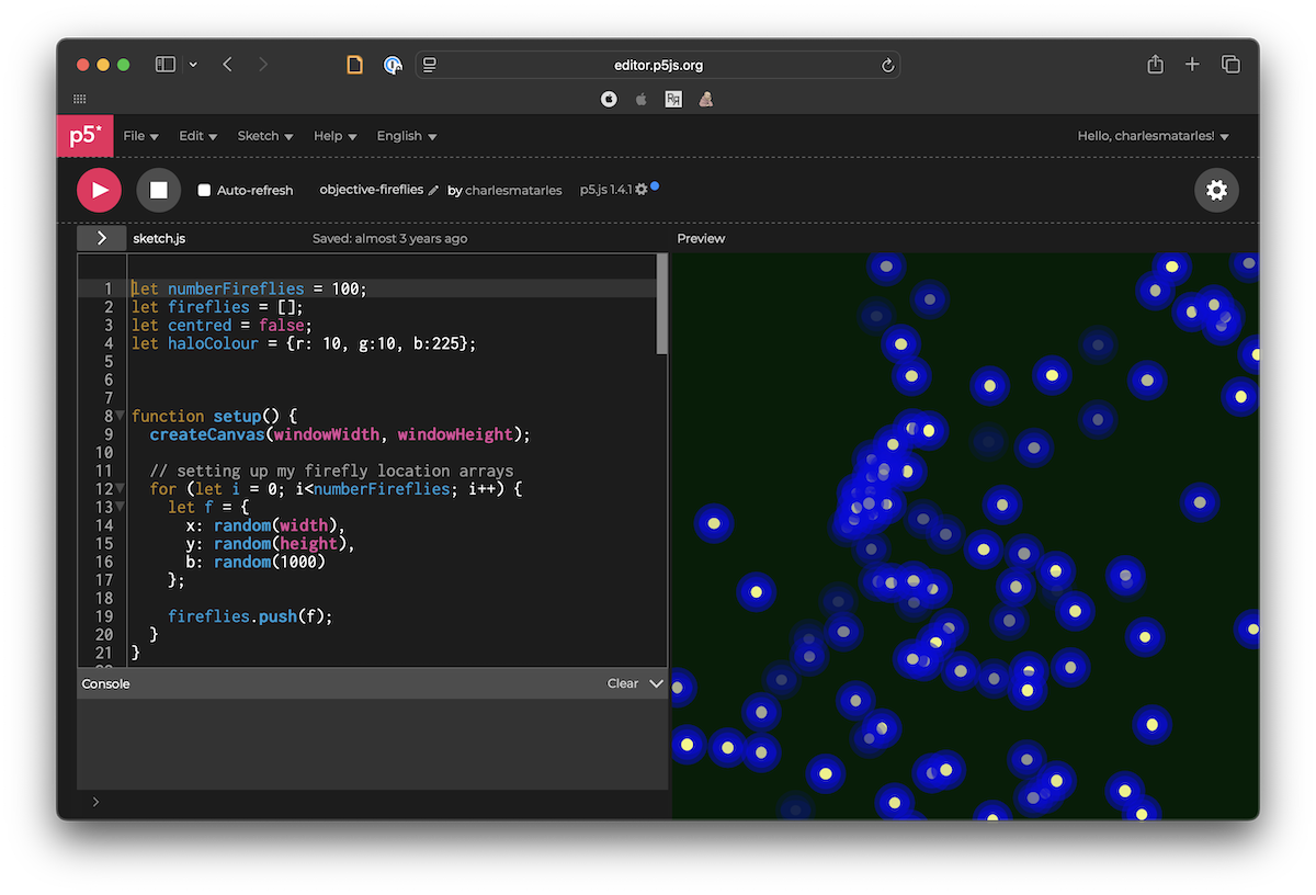 Interactive “Fireflies” in p5.js