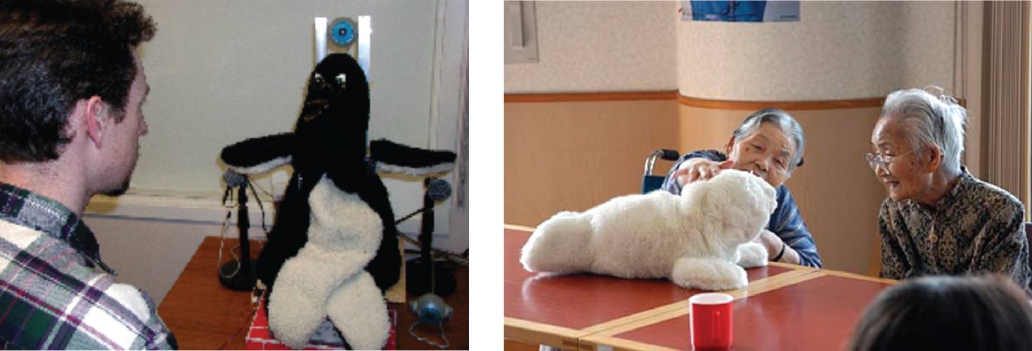 (a) Mel, the penguin robot, designed to host activities; (b) Japan’s Paro, an interactive seal, designed as a companion, primarily for the elderly and sick children. Source: (a) Mitsubishi Electric Research Labs (b) Parorobots.com.
